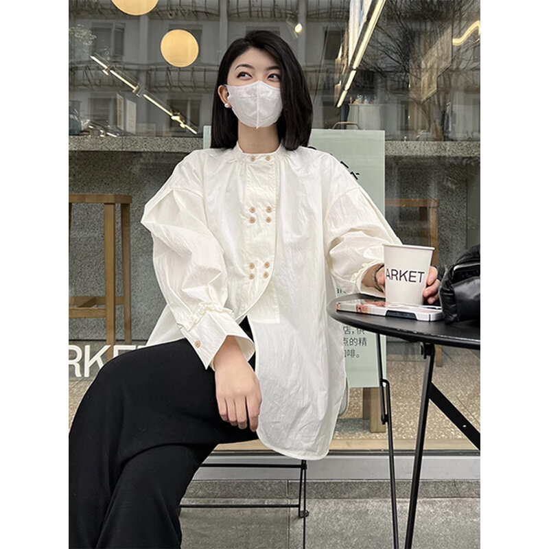 VANOVICH-estilo chinês Vintage Double Breasted camisa branca, gola, dobra solta camisa Casual, temperamento Design, novo, primavera