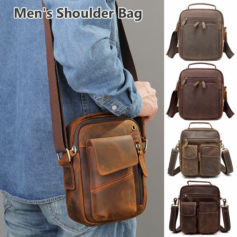 Mens Shoulder Bags Crazy Horse Genuine Leather Retro Travel Crossbody Messenger Bag Men's Casual Fashion Business Bag