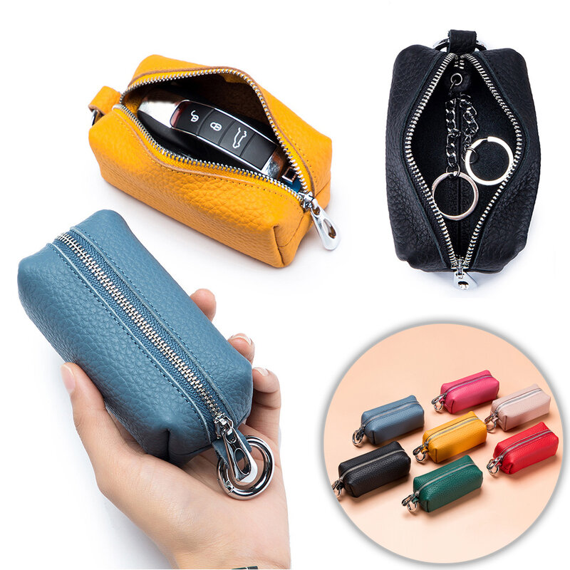 Classic Lychee Pattern Coin Purse Women Genuine Leather Short Wallets with Keychain Mini Clutch Female Card Holder Change Purses