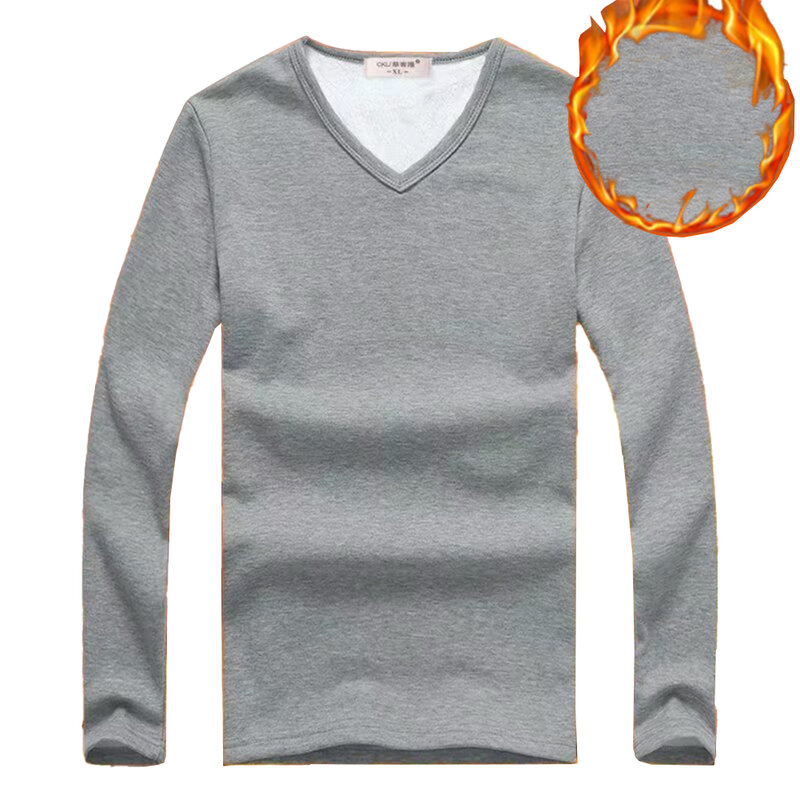 Camisetas térmicas cálidas para hombre, ropa interior de felpa gruesa de Color sólido con cuello en V, ajustada, manga larga, Jersey