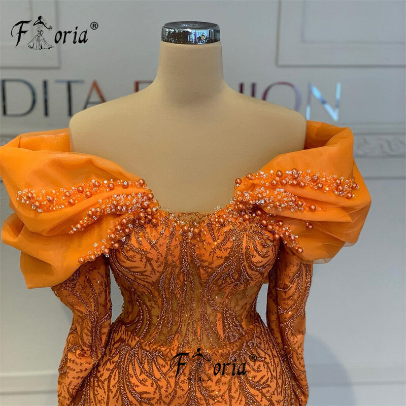 Vestido De noche Formal con perlas para mujer, vestido De sirena De Dubái De manga larga, hecho a medida, con cuentas, color naranja