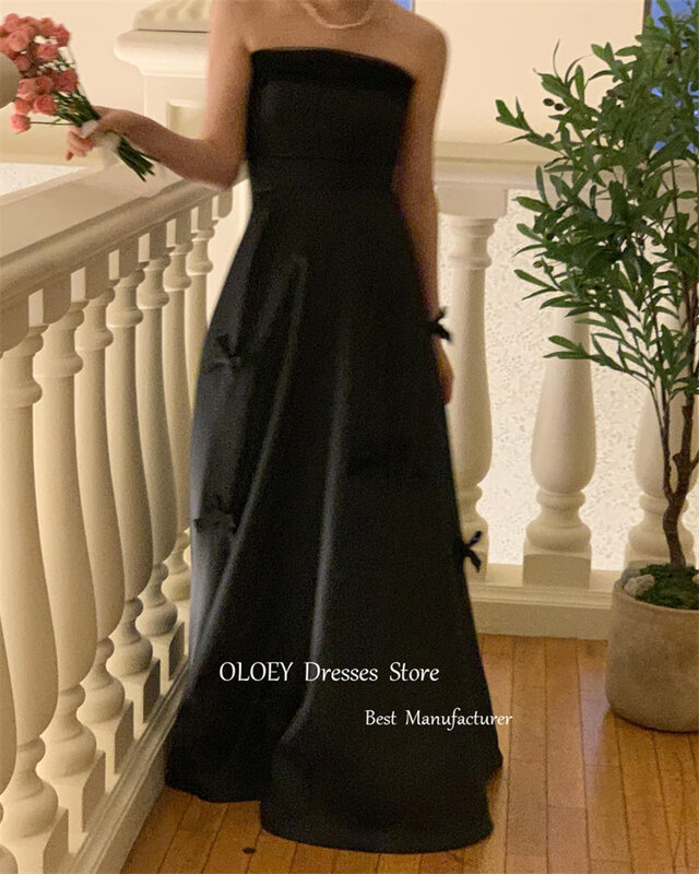 OLOEY 심플 블랙 A 라인 한국 웨딩 사진 촬영 드레스, 스트랩리스 나비 매듭, 발목 길이 신부 가운, 격식 있는 파티 원피스