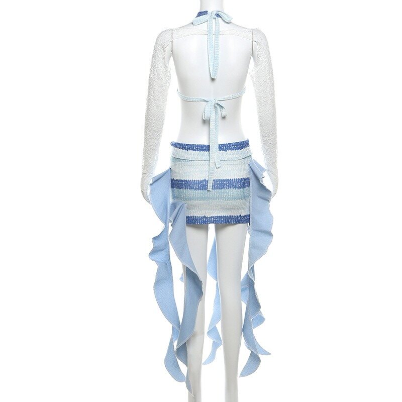 Conjunto de saia bodycon manga comprida feminina, cores de contraste, patchwork, top crop, fitas, saia, roupas de streetwear, verão, 2 peças, 2022