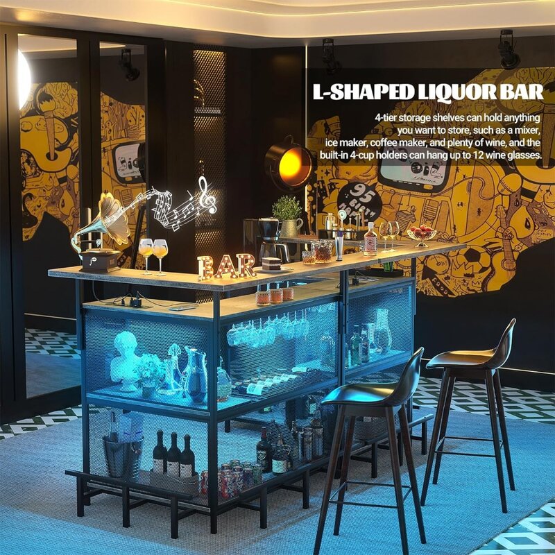 L Shaped Bar gabinete com saída e luz LED, apoio para os pés e vinho vidro Rack, armazenamento para cozinha