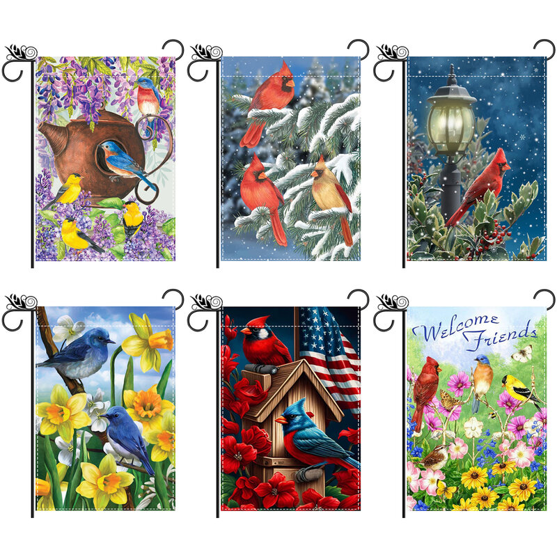1 piece of birdie flower pattern with double-sided printing, garden flag, courtyard decoration, all seasons, excluding flagpole