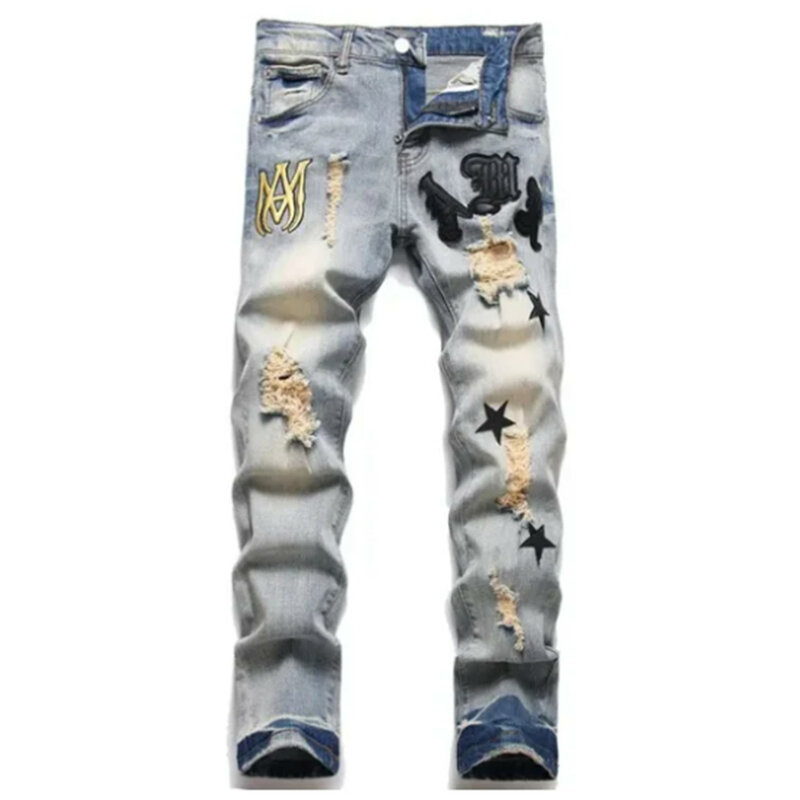Męskie, zgrane, obcisłe jeansy ze streczem, hurtowe, Hip-hopowe męskie markowe ubrania dżinsowe Amirys
