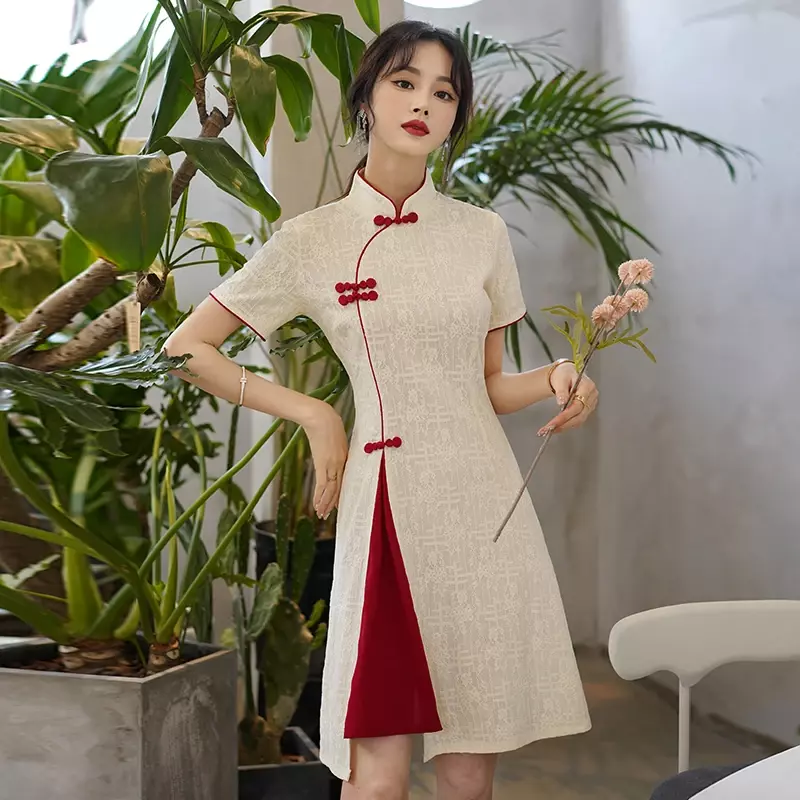 빈티지 중국 전통 캐주얼 파티 여성 Qipao 드레스 여름 스탠드 칼라 반팔 Cheongsam CNY