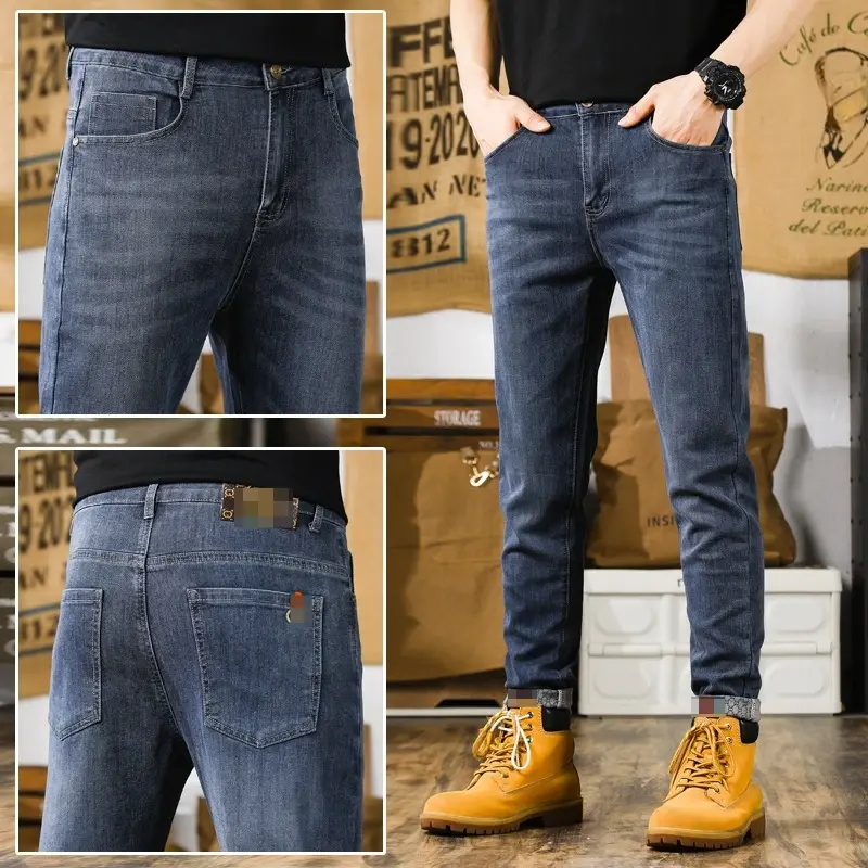 2023กางเกงยีนส์ขาตรงสำหรับผู้ชาย, กางเกงยีนส์ยืดกางเกงยีนส์แฟชั่นขาตรงทรงหลวมสำหรับผู้ชาย