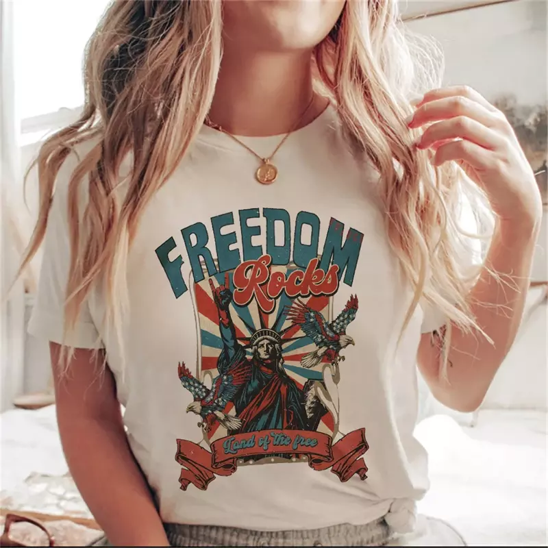 미국 7 월 4 일 프린트 패턴 반팔 티셔츠, 레트로 트렌디 의류, 프린트 여성 캐주얼 스타일 상의, 신상 티셔츠