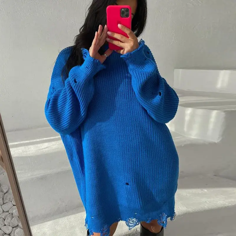 Eshin-pulôver feminino de malha acolchoada rasgada, suéter de manga comprida, tops grandes, roupas casuais, femininas, outono, inverno, TH855