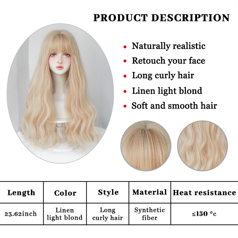 Dense Long Wave Wig Women Wig with Bangs Blonde Cospaly Lolita Daily Party Synthetic Wigs Heat Resistant Fiber Natural Fake Hair