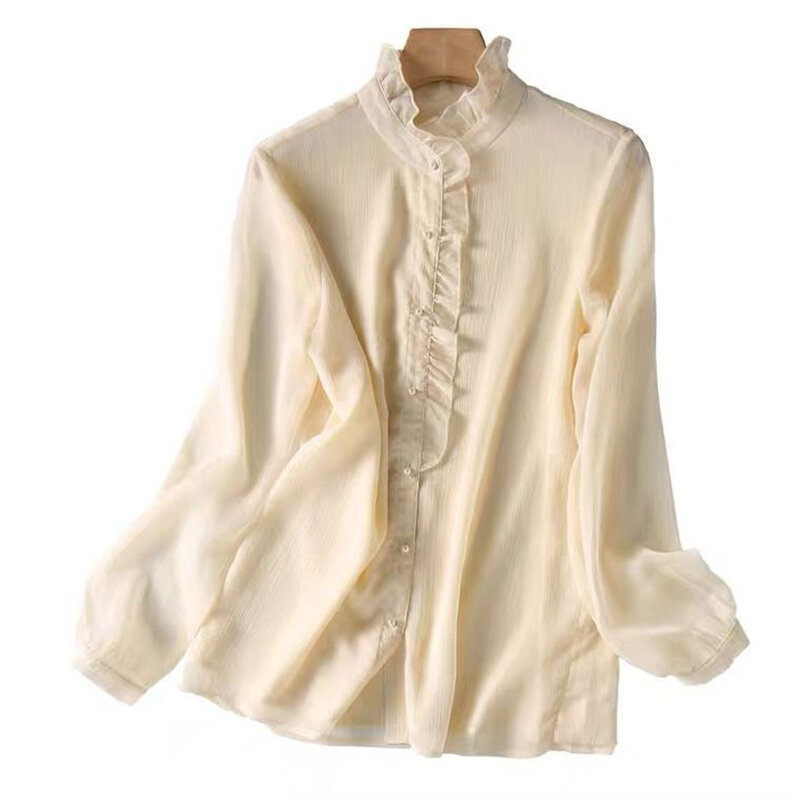 Women Elegant Chic Sweet Ruffle Stand Collar Beads Button Up Chiffon Shirts Casual Solid Long Sleeve Blouse Top Female Clothing