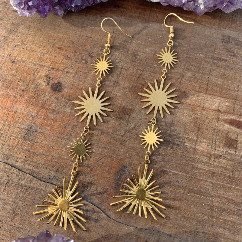 2022 New Long Star Sunburst Gold Brass Sun Earring Pendant Hypoallergenic Earring Jewelry