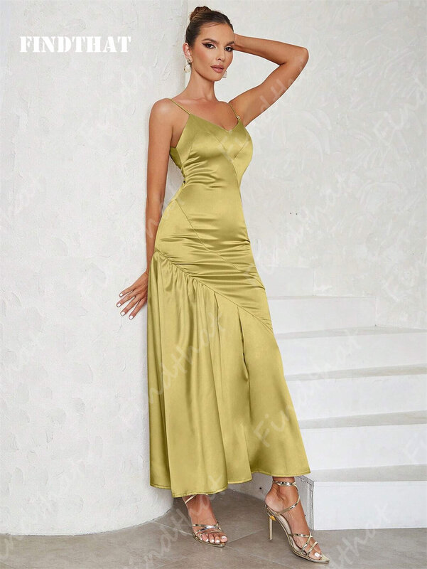 Findbahwa gaun pengiring pengantin leher V tali spageti seksi panel Hem lipit warna polos 2024 gaun malam Satin punggung terbuka