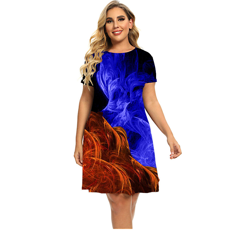 Vestido Flame 3D azul feminino estampado, de grandes dimensões, manga curta, decote em O, solto, moda, casual, mini, roupas femininas, plus size