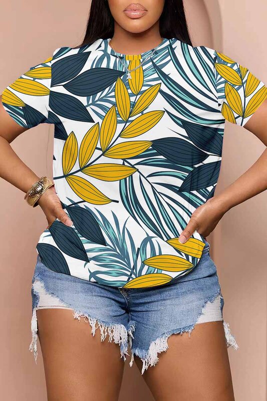 Streetwear Elegante Plantenbloemenprint Dames T-Shirts Zomer 2024 Nieuwe Casual Tops Met Korte Mouwen