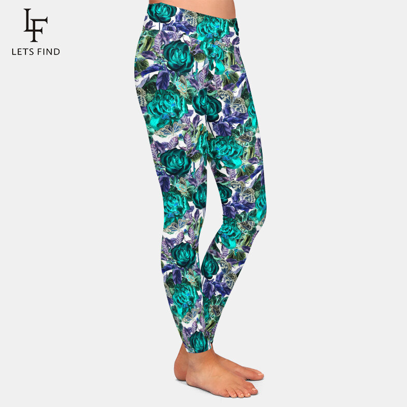 LETSFIND-Leggings con estampado Digital para mujer, pantalones elásticos de cintura alta, peonía Rosa hermosa y mariposas, moda