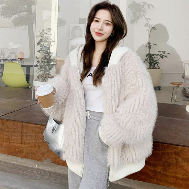 เสื้อโค้ทขนสัตว์เทียมสำหรับผู้หญิงมีฮู้ด, เสื้อโค้ทขนเฟอร์ขนปุยนุ่มอุ่นสบายทรงหลวมฤดูใบไม้ร่วงฤดูหนาว MODE Korea ซิปเสื้อแขนยาว