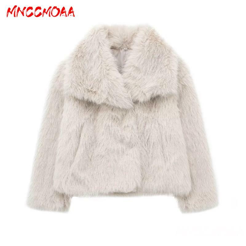 MNCCMOAA 2024 겨울 여성 패션 루즈 따뜻한 인조 모피 짧은 재킷 코트, 여성 캐주얼 긴 소매 포켓 겉옷