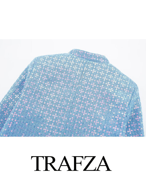 TRAFZA-abrigos cortos de primavera para mujer, chaquetas azules de manga larga con cuello redondo y bolsillos, decoración de lentejuelas, estilo callejero