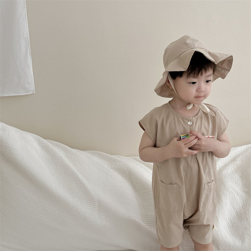 2024 Summer New Baby Sleeveless Romper Solid Newborn Toddler Casual Strap Jumpsuit Infant Boy Girl Thin Cotton Overalls 0-24M