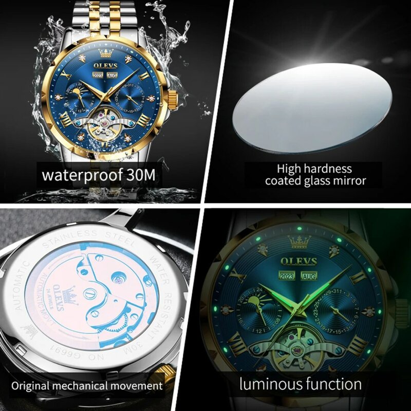 OLEVS ของขวัญนาฬิกาข้อมือสแตนเลสสตีลแฟชั่นกลไก6691แสดงรอบสัปดาห์ปฏิทินการแสดงผลแบบเรืองแสง