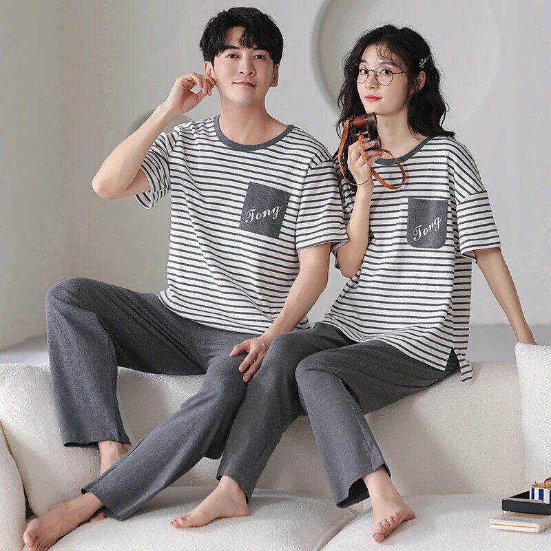 Conjunto de pijama de manga corta para hombre y mujer, ropa fina de algodón puro, a rayas, para el hogar