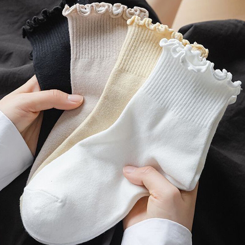 5 paia di calzini con volant donna bianco nero Frilly Lolita Style Japanese Maiden Kawaii Cotton Harajuku Princess Crew Socks Calcetines