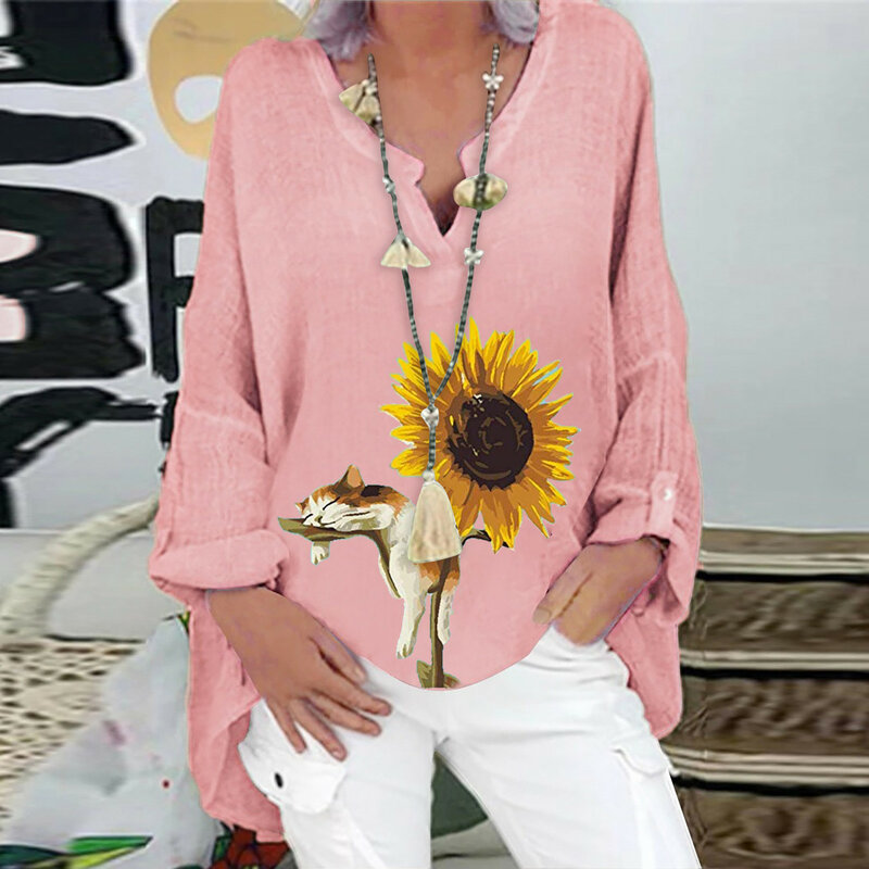 Blusa feminina de linho solta, blusa boho, camisas de girassol, roupas boêmias vintage, blusas grandes e elegantes, verão, 2023