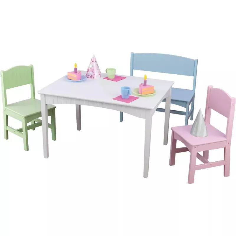 Mesa de madeira nantucket com bancada e 2 cadeiras, móveis infantis, cor pastel, presente para crianças de 3 a 8 anos