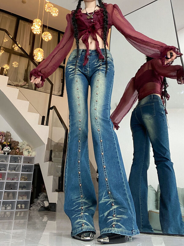 Микро-расклешенные джинсы с заклепками, сращивающиеся американские ретро-джинсы в стиле Instagram, женские узкие брюки в стиле Хай-стрит для девушек