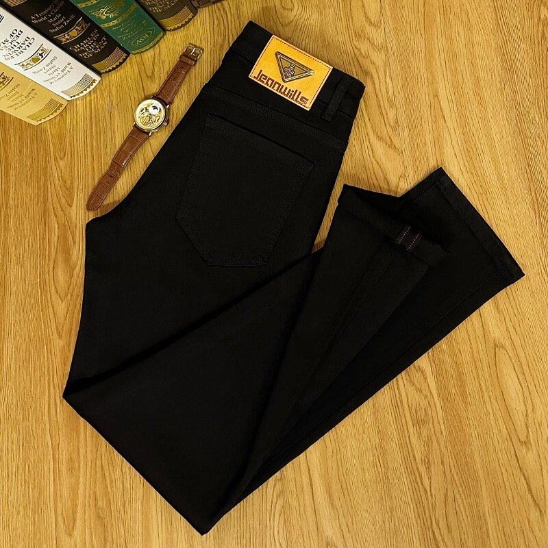 Pantalones vaqueros de color negro puro para hombre, sencillos y versátiles, cómodos, transpirables, ajustados, a la moda, novedad de 2024
