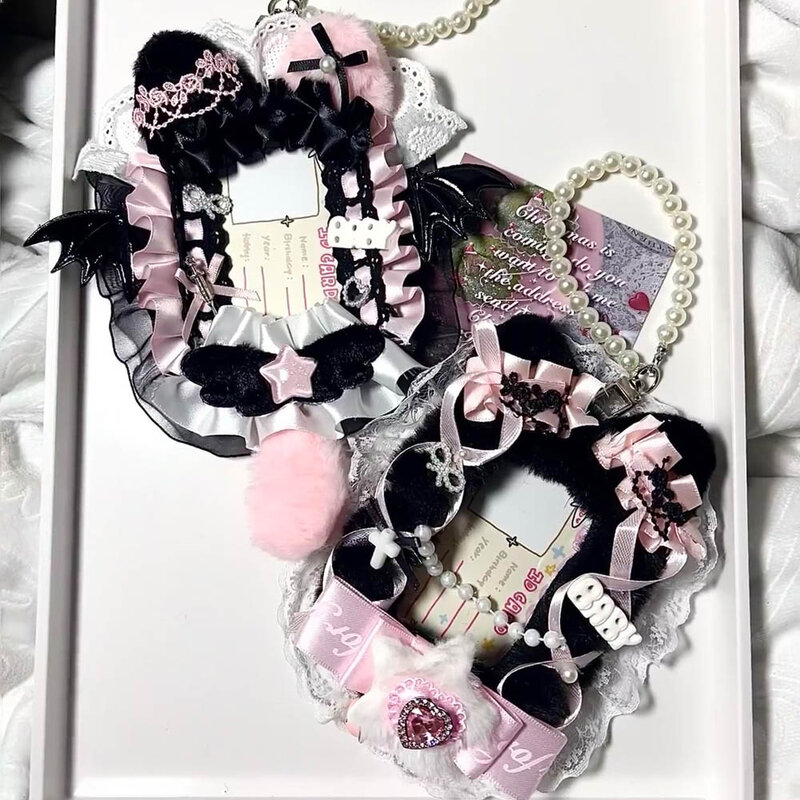 Pink Black Photocard Keychain Lace Decor Furry  Decor Toploader Photo Card Sleeve Handmade Anime Ita Bag Pendant Kpop Ornament