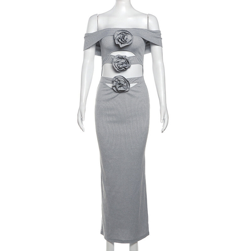 Vestido de fiesta ahuecado con hombros descubiertos para mujer, ropa de calle informal, falda Sexy, color gris, flor 3D