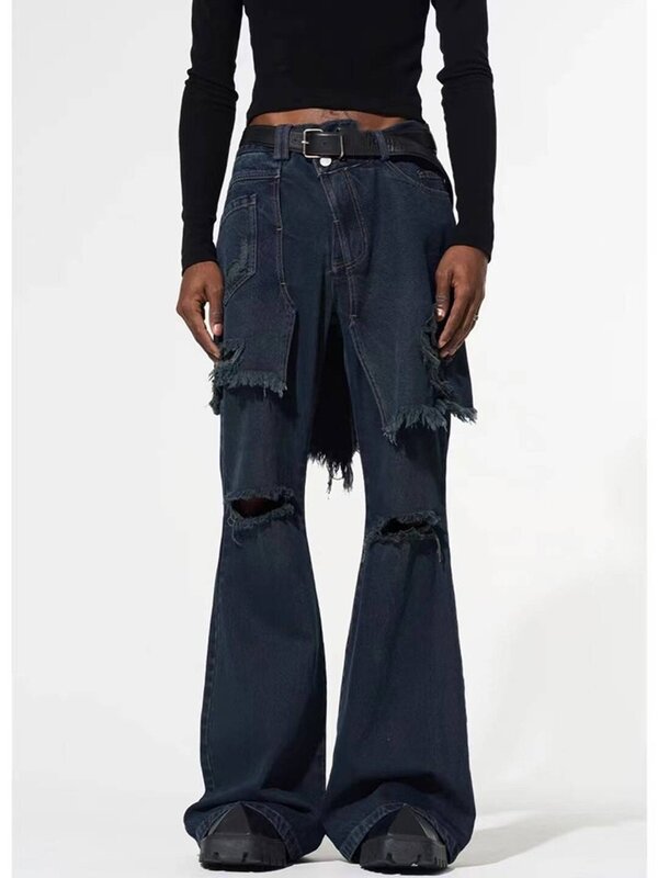 Женские Широкие джинсовые брюки с дырками в стиле пэчворк 2024, длинные расклешенные брюки с высокой талией в стиле хип-хоп, повседневные уличные джинсы, брюки