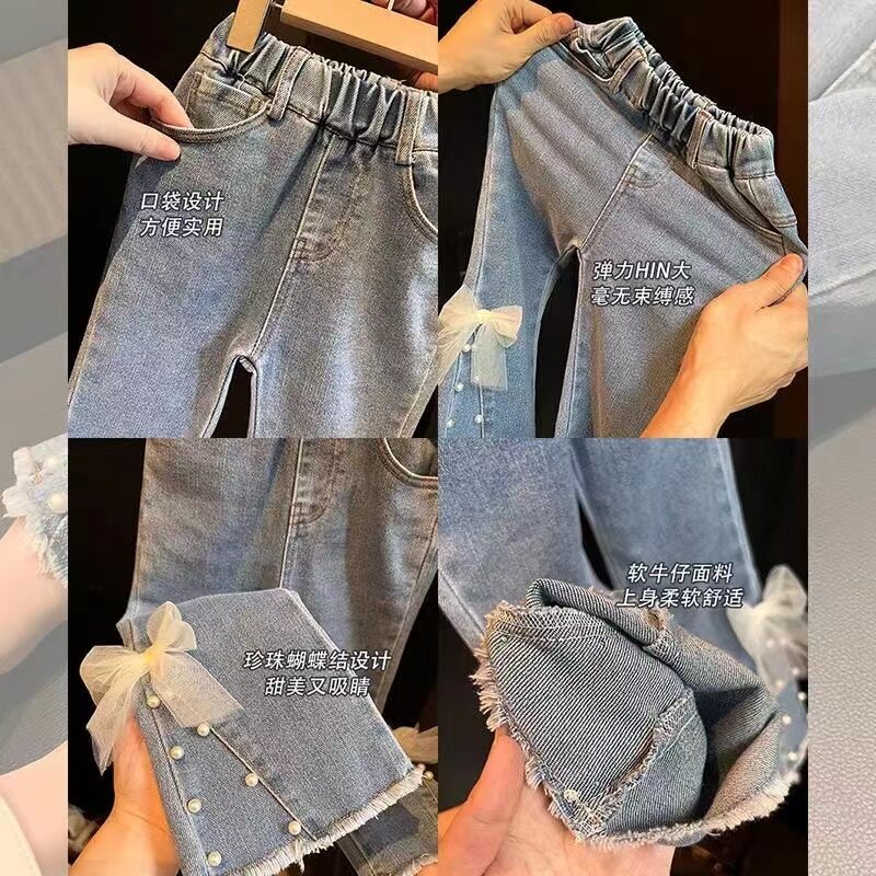Демисезонные детские эластичные расклешенные брюки с разрезом, повседневные джинсы с бантом для маленьких девочек, детская верхняя одежда, модные брюки 2024