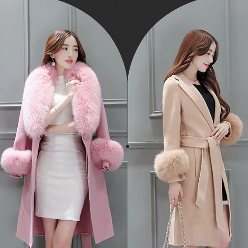 Однотонное Женское шерстяное пальто средней длины, новинка осень-зима, облегающее шерстяное пальто со шнуровкой и воротником. Съемный шерстяной воротник