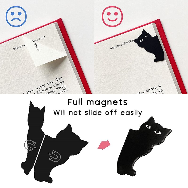 Black Cat Bookmark para livros, Cute Cartoon Magnetic Page Clips, Marcador de livros, Presente de leitura exclusivo, A7405, 6pcs