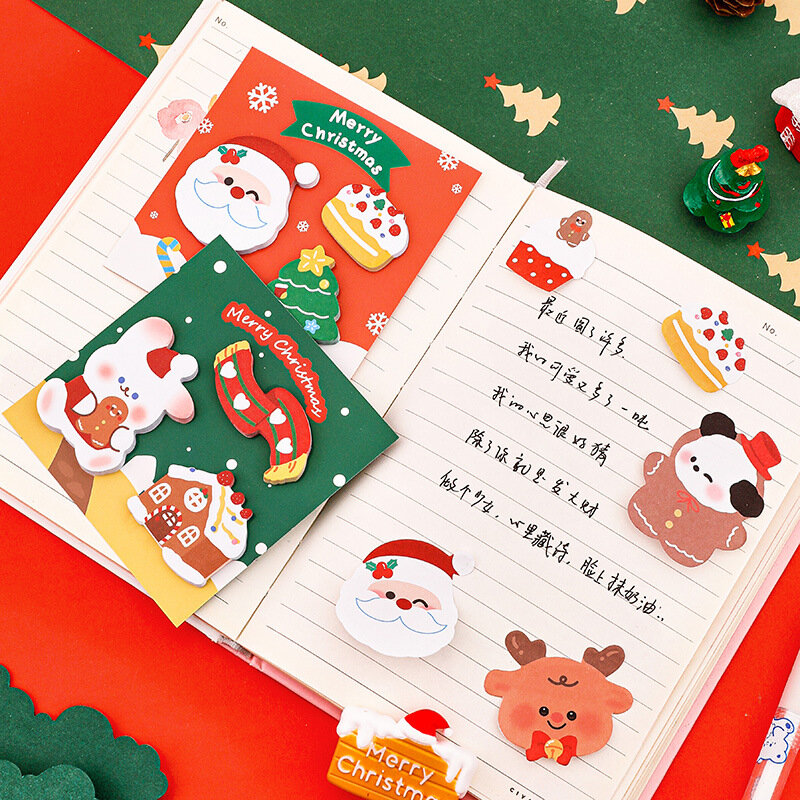 Kawaiiクリスマスメモ帳メモ帳、自己粘着プランナー、かわいい漫画メモ帳、事務用品、文房具ギフト