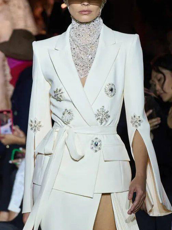 HIGH STREET jaket desainer 2024 Fashion terbaru Blazer bersabuk manik-manik berlian imitasi lengan belah wanita