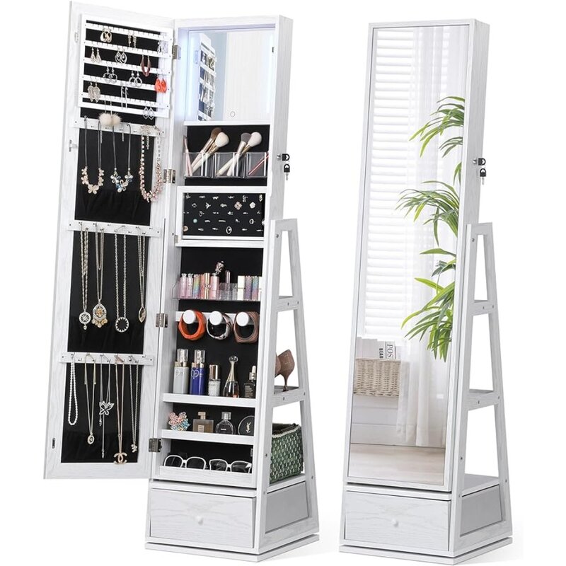 360° Swivel Jewelry Cabinet With Lights Rotatable Full Length Mirror With Jewelry Storage Touch Screen Vanity Mirror White Home