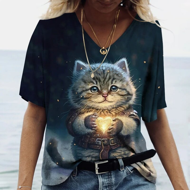 Футболка женская с 3D принтом кота, милая рубашка, топ для девушек, Y2k одежда, летние футболки с коротким рукавом и V-образным вырезом, Повседневная Праздничная женская футболка