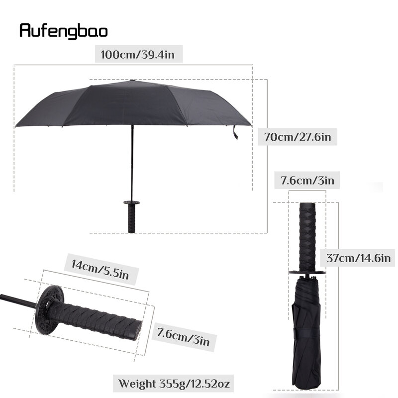 블랙 사무라이 남성용 우산, 자동 우산, 8 개의 뼈 접이식, 자외선 차단, 맑은 날, 비 오는 날, 방풍 우산