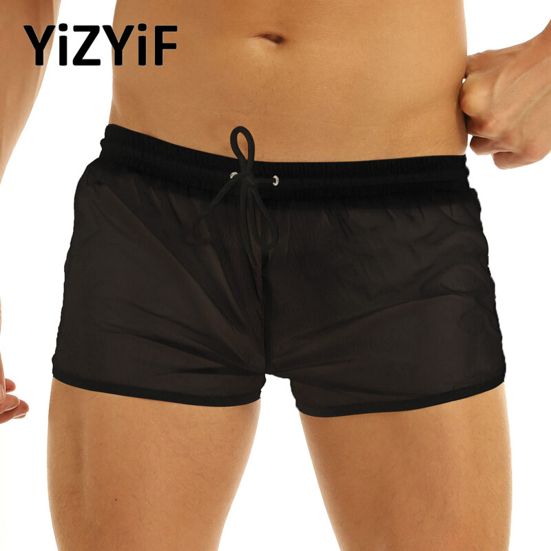 Men Drawstring Shorts Fashion Classic Solid Lightweight Boxer Shorts Quick Dry See-Through Loose Lounge Short Swim Trunks