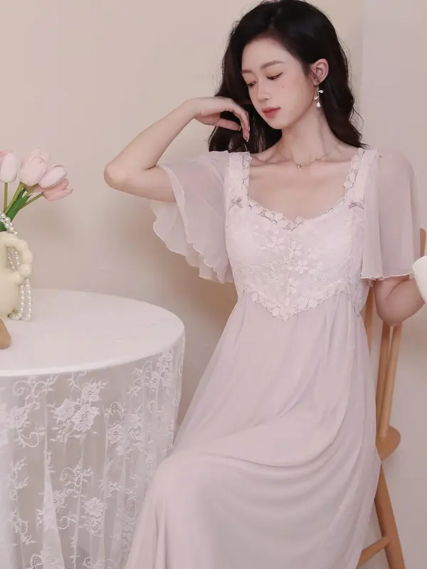 Women Lace Mesh Fairy Sweet Night Dress French Summer Ruffles Short Sleeve Sexy Vintage Princess Nightgowns Victorian Sleepwear