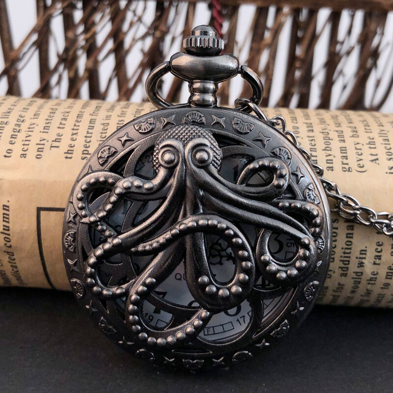ประณีตศิลปะ Octopus Hollow แกะสลักสร้อยคอนาฬิกาควอตซ์จี้ของขวัญสำหรับผู้หญิงหรือ Man Fob Chain