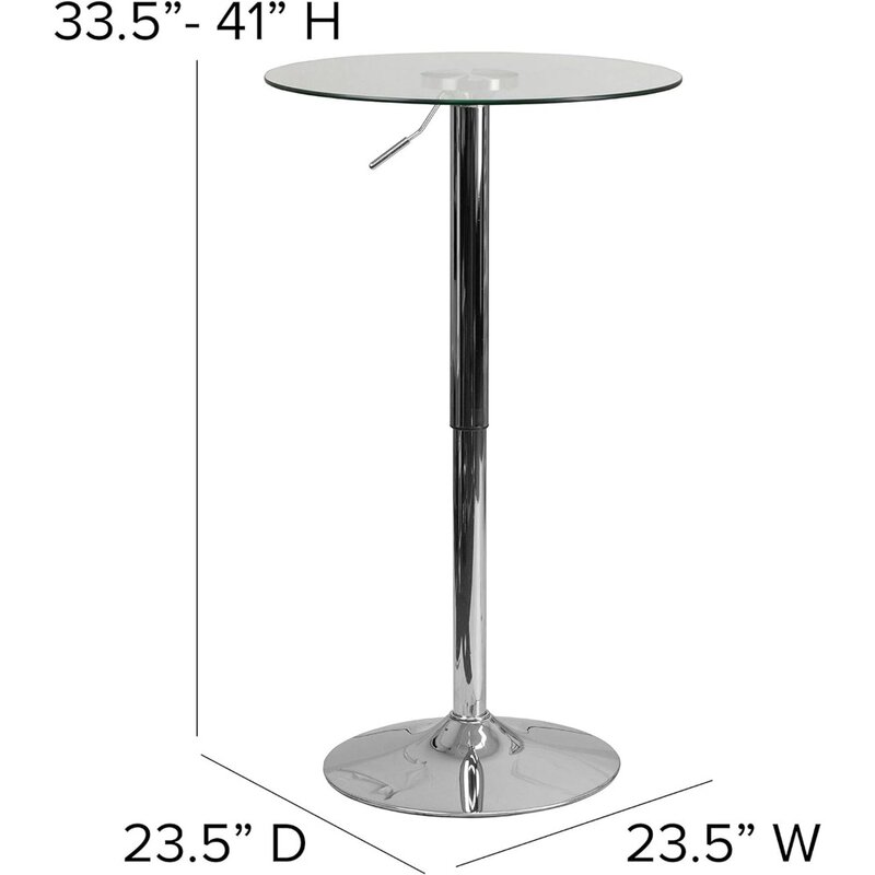 Okrągły szklany stół koktajlowy Chad 23,5 cala z ramą o regulowanej wysokości, regulowany szklany stół z drążkiem na imprezy lub do użytku domowego