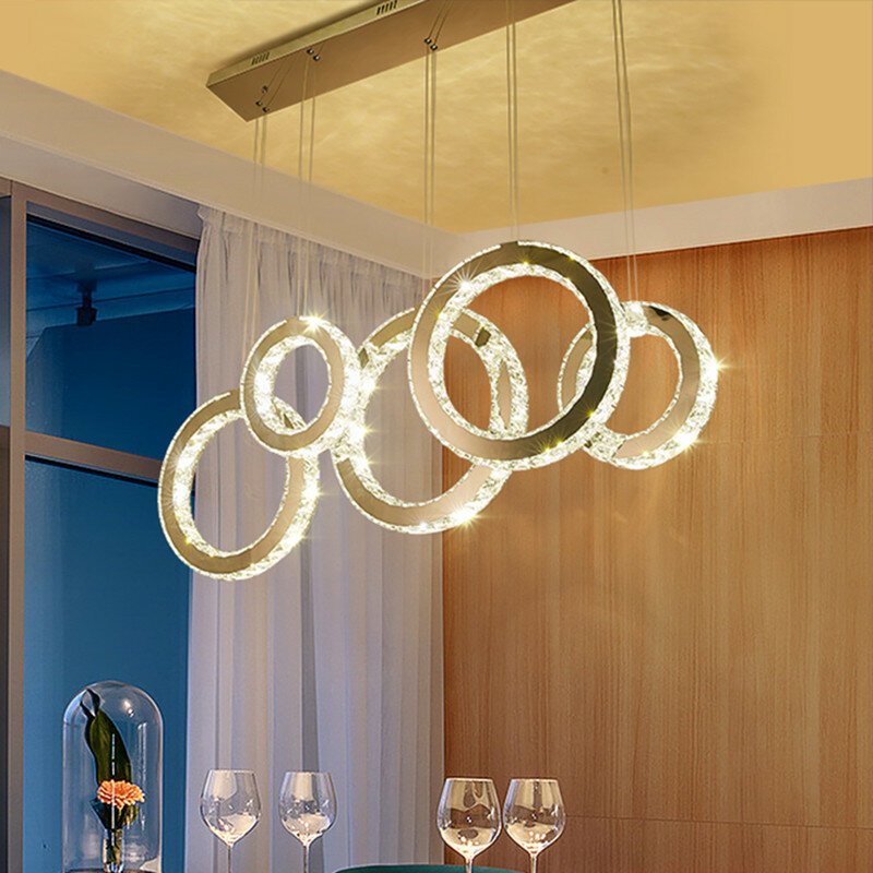 Lustre led luzes pingente para sala de jantar moderno luxo cristais pendurado lâmpada círculo aços led pingente lustre iluminação da lâmpada