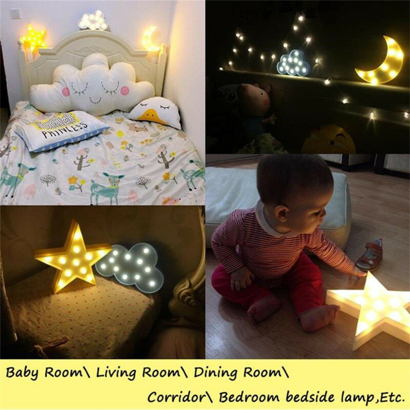 Rainbow Star Cloud Moon LED Night Light Battery Powered Wall Hanging Lamps Warm White Marquee Sign for Bedroom Nursery Decor