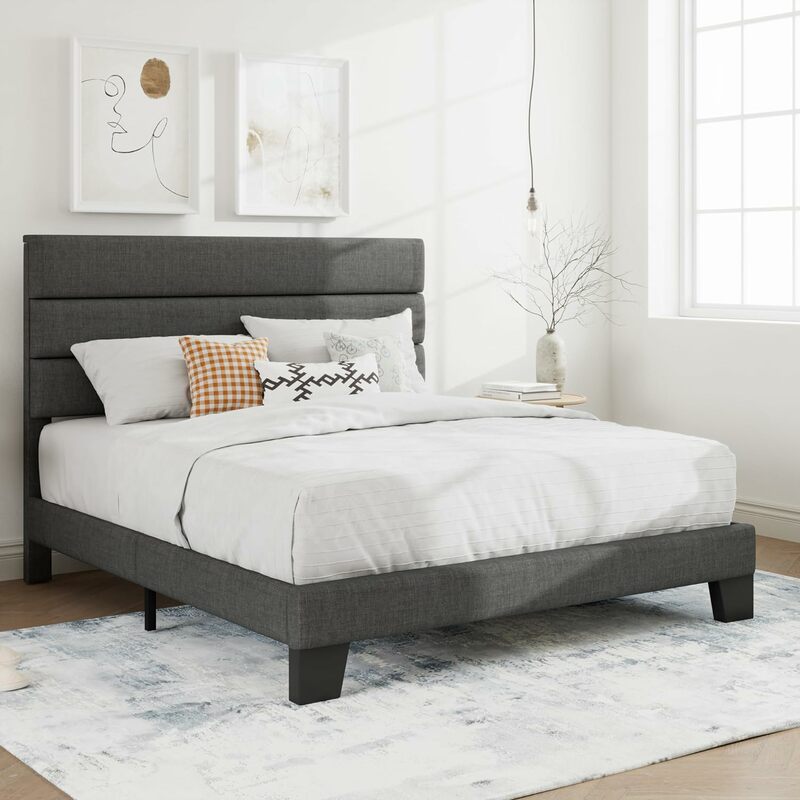 Cadre de lit à plateforme Queen, tête de lit en tissu rembourré, base de matelas, support de planche de bois robuste, aucun ressort requis, gris